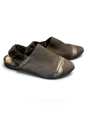 Woman’s Suede slip on sling back sandals with asymmetrical wrap toe design